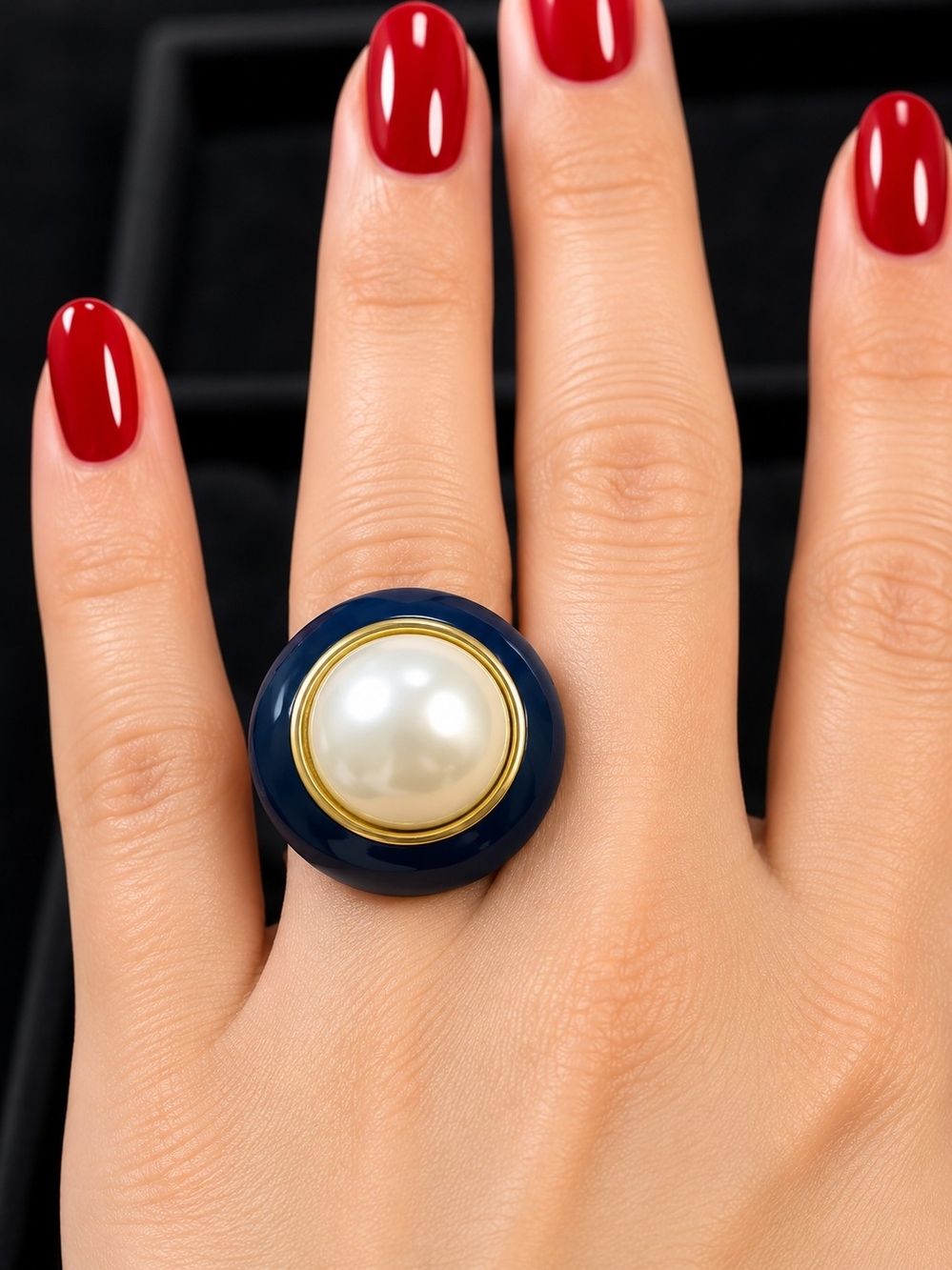 Vintage 1980s Oversized Statement Ring Faux Pearl Navy Blue Gold Tone Adjustable